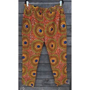 African Wax Print Ankara Pants Orange Yellow Blue Geometric Sunburst Tapered L